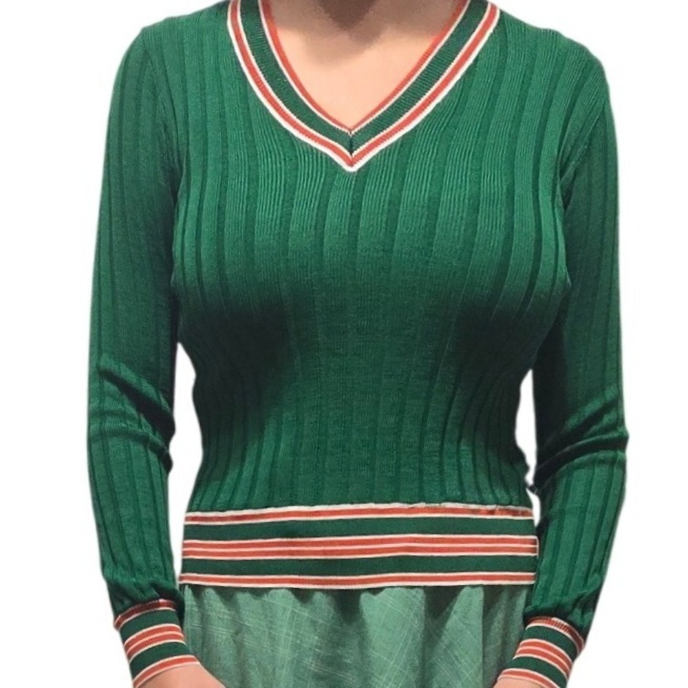 VINTAGE Women's varsIty v-neck long sleeve slinky sweater bodycon‎ green red S M